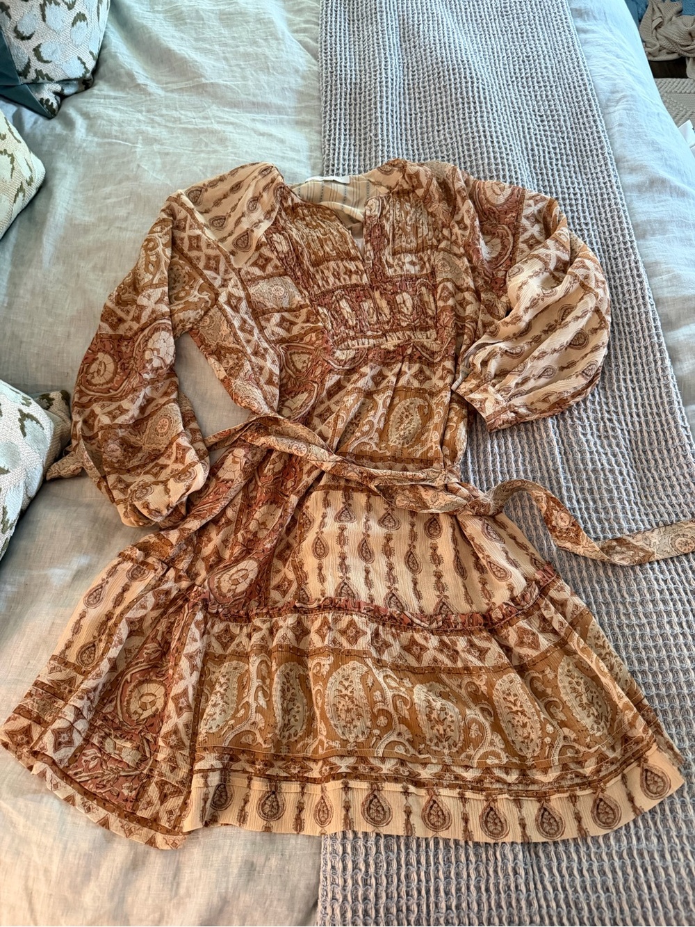 Burning Torch Floral Paisley Smocked Mini Dress in Cream and Brown